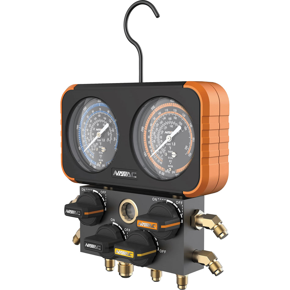 Impact-Resistant Four-Valve Manifold Gauge with 4 Hoses - ID538