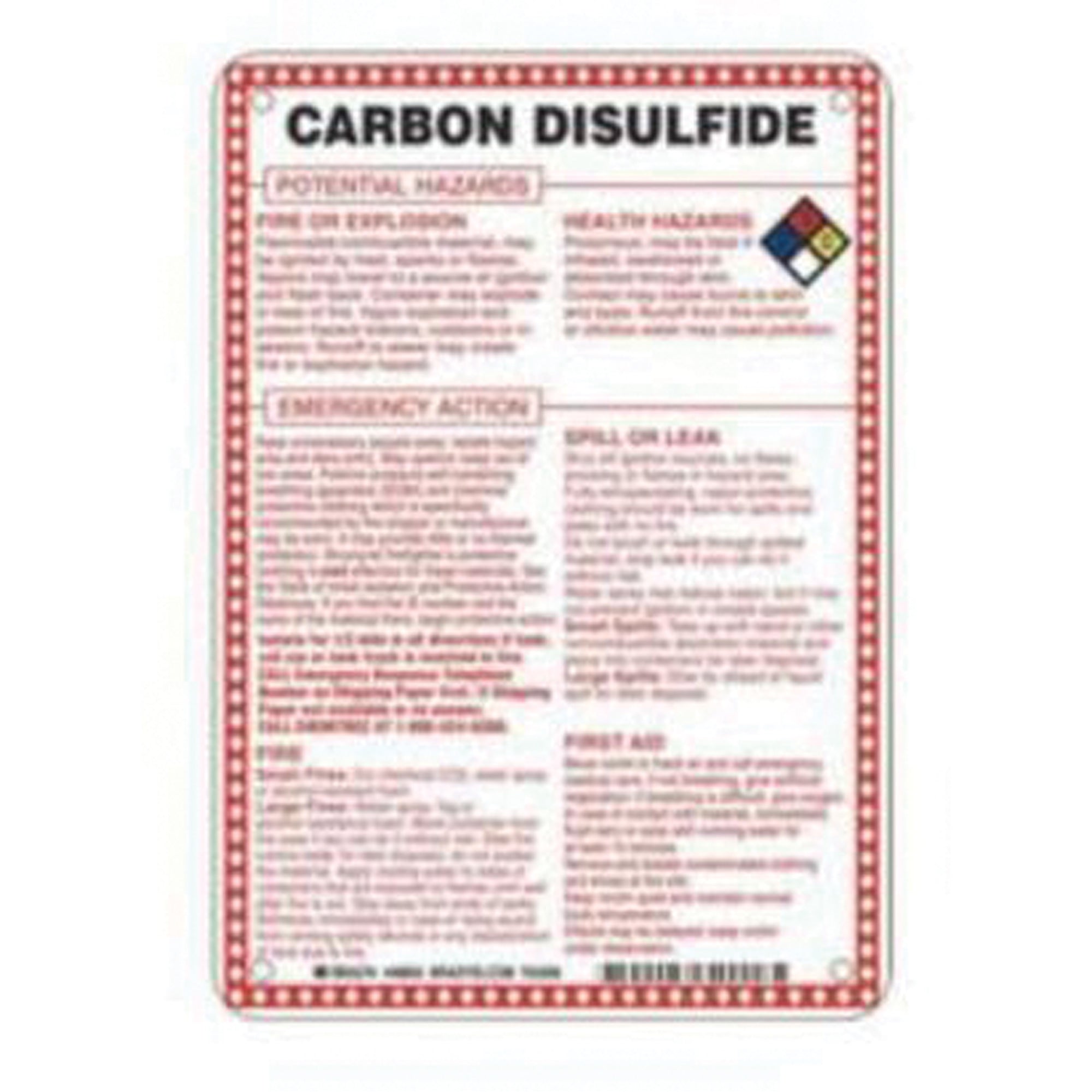""Carbon Disulfide Potential Hazards"" Sign - SAD082
