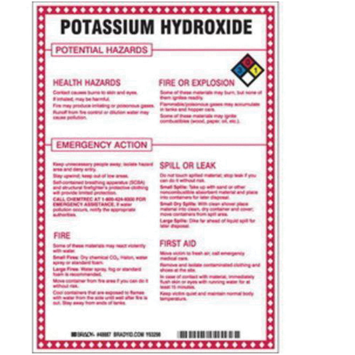 ""Potassium Hydroxide Potential Hazards"" Sign - SAD091