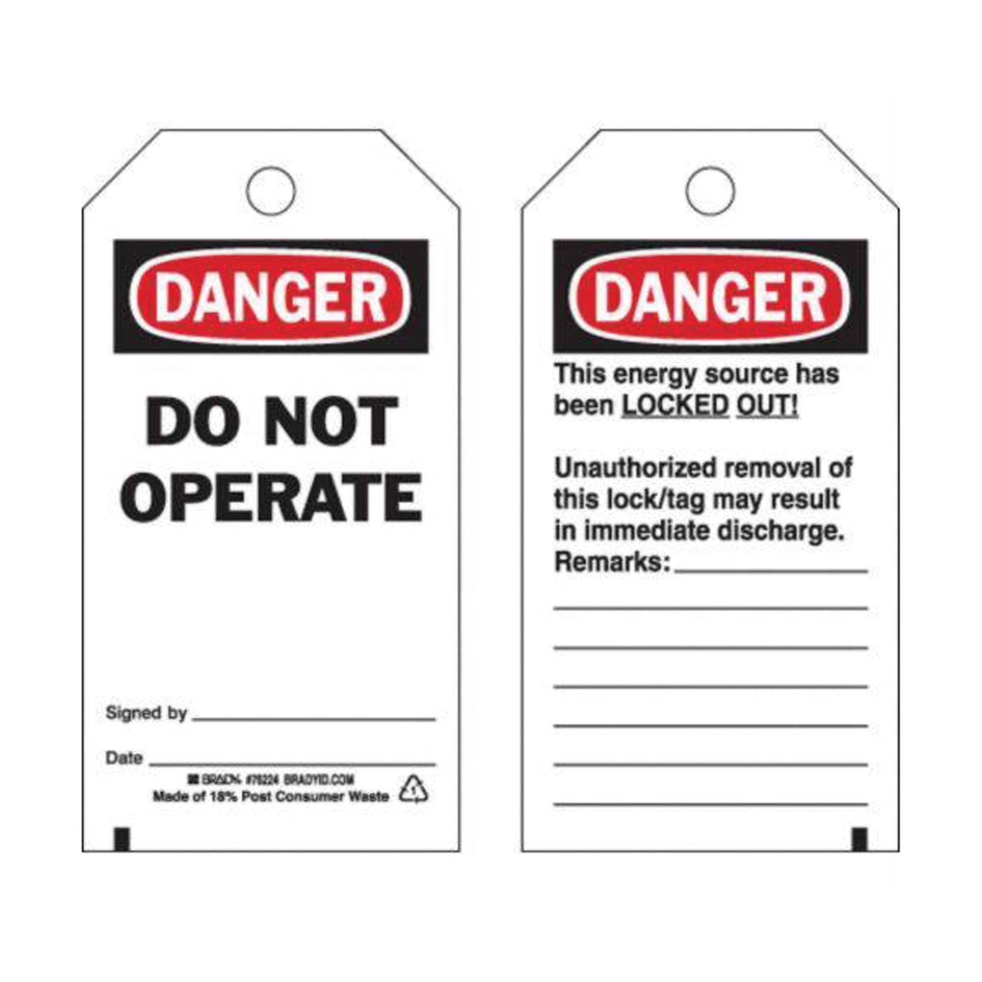 ""Danger Do Not Operate"" Safety Tags - SAQ539