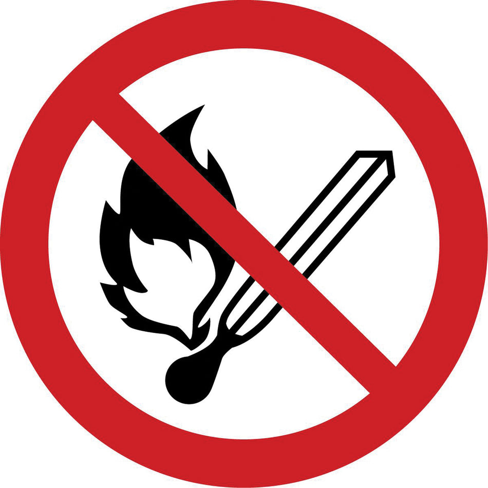 No Open Flame, Fire, or Smoking ISO Prohibition Safety Labels - SAX354