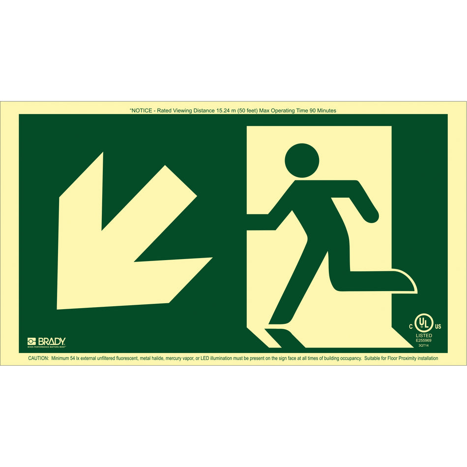 BradyGlo® Running Man Exit Sign with Down Left Arrow - SDN127