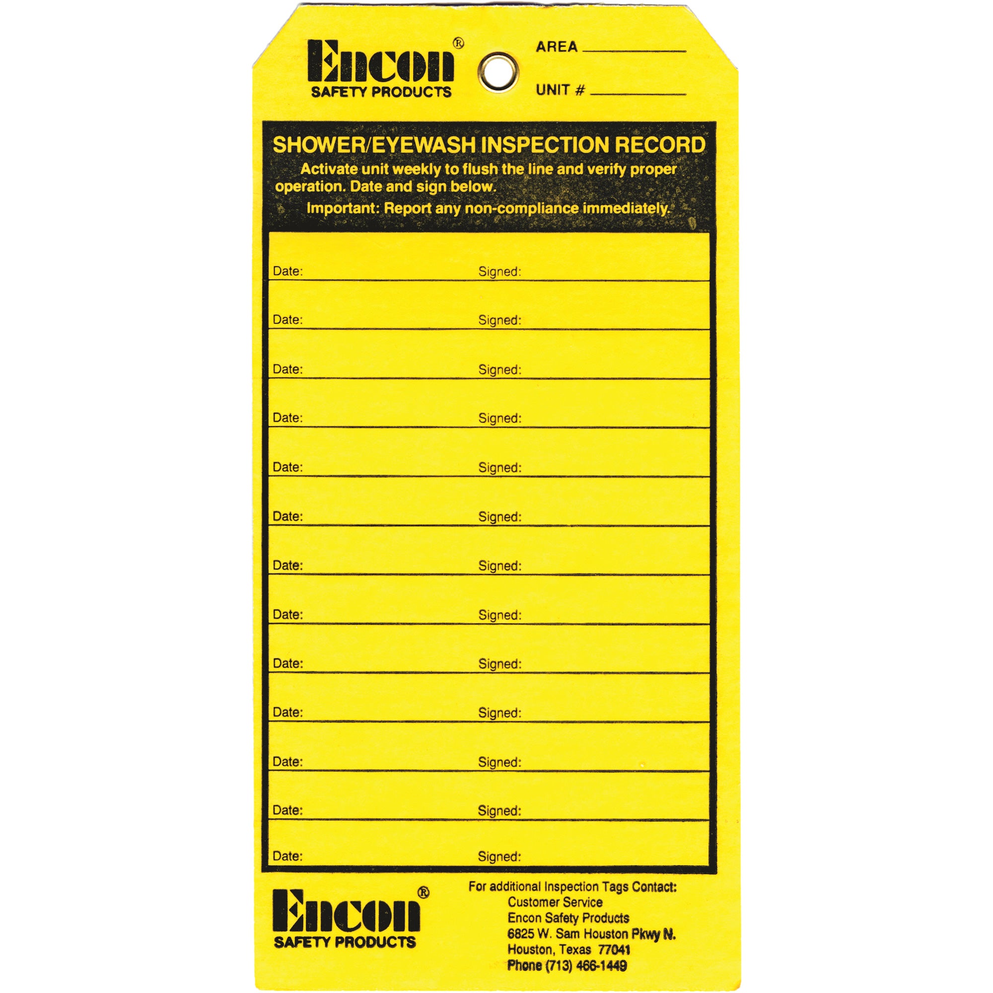 Emergency Shower & Eyewash Inspection Record Tag - SGF170