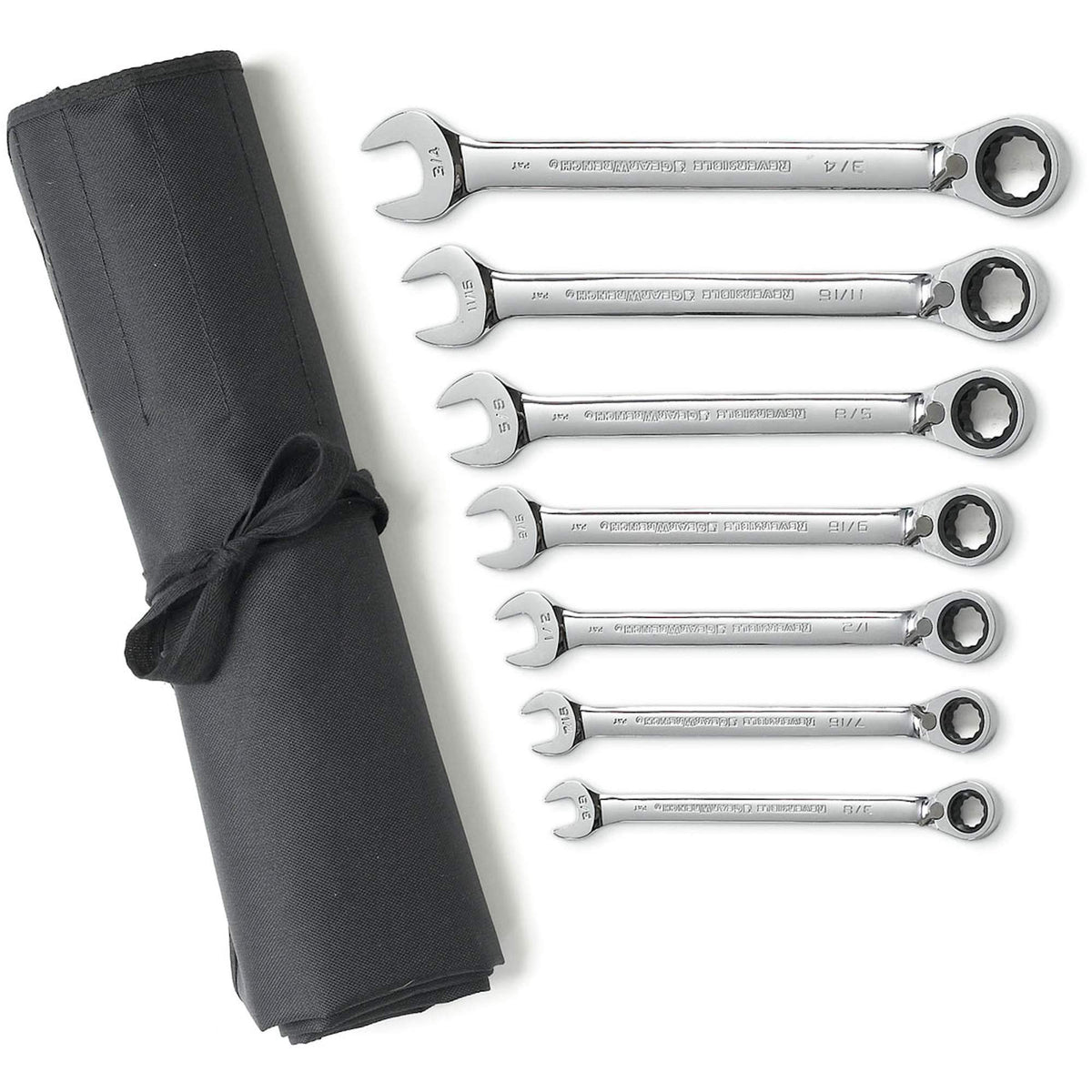 72-Tooth 12 Point Reversible Ratcheting SAE Wrench Set with Tool Roll - TSB982