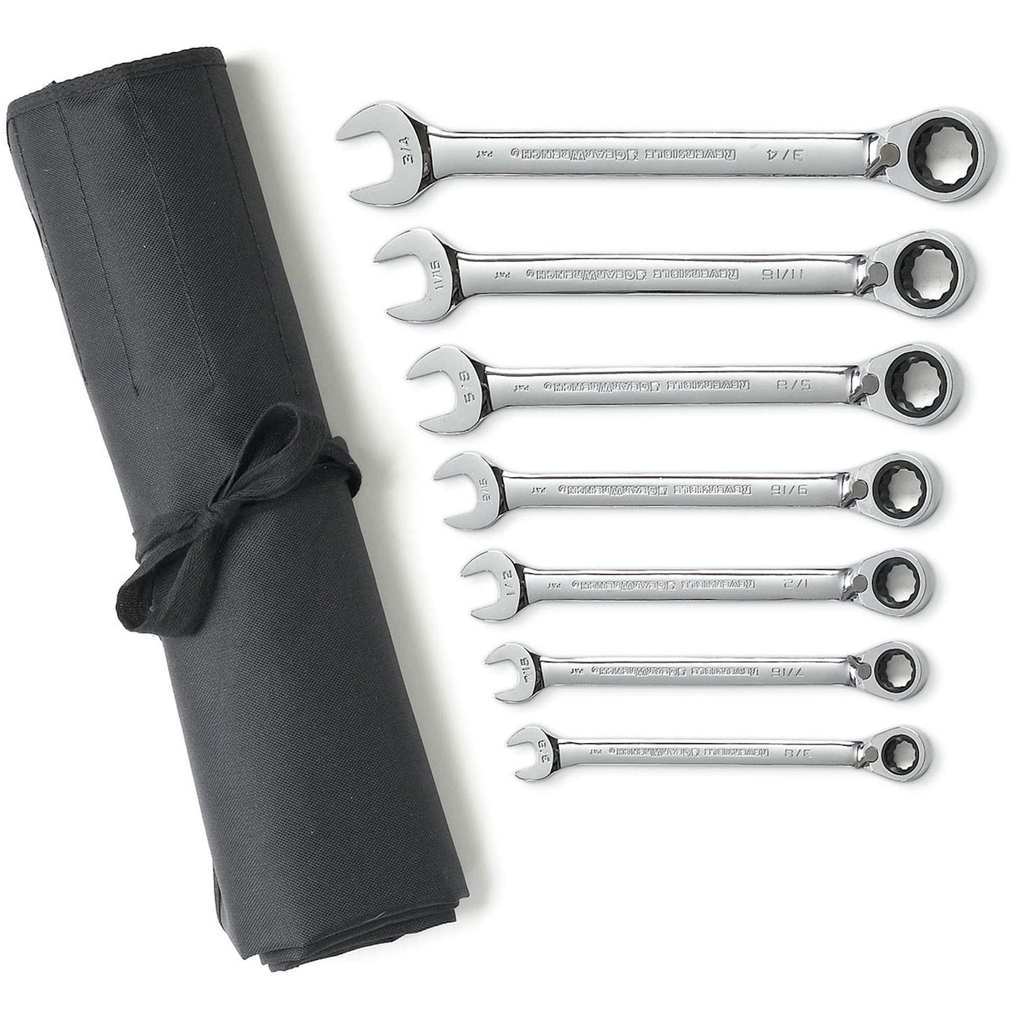 72-Tooth 12 Point Reversible Ratcheting SAE Wrench Set with Tool Roll - TSB982