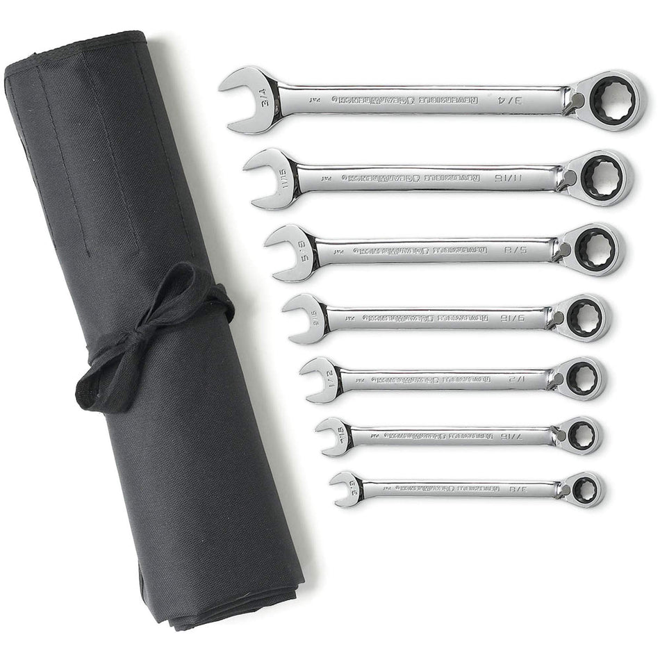 72-Tooth 12 Point Reversible Ratcheting SAE Wrench Set with Tool Roll - TSB982